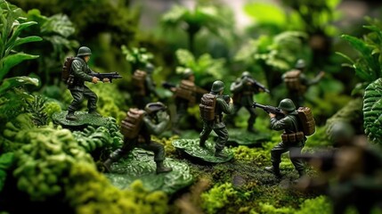 green plastic toy soldiers advancing through a jungle generative ai