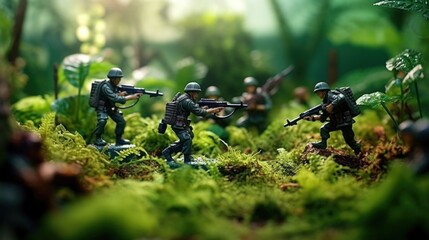 green plastic toy soldiers advancing through a jungle generative ai