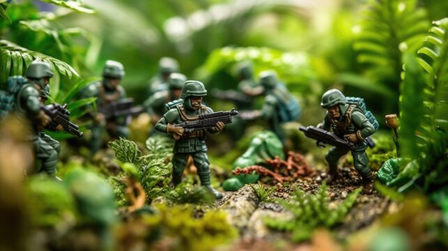 green plastic toy soldiers advancing through a jungle generative ai