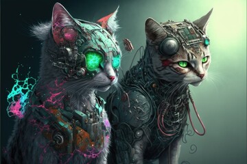 Cat portrait with cyborg modifications and implants. Medium shot. Isolated.