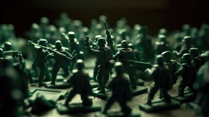 green plastic toy soldiers advancing under heavy fire. generative ai