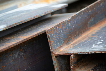 Metal profile beam in packs at the warehouse of metal products