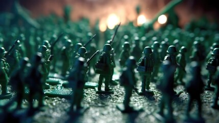 green plastic toy soldiers advancing under heavy fire. generative ai