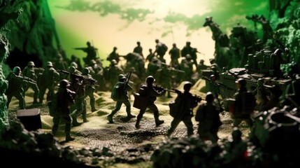 Naklejka na ściany i meble green plastic toy soldiers in the midst of a battlefield. generative ai