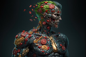 Cyborg with fruits on body. Portrait. Side view. Medium shot. Superhero theme.