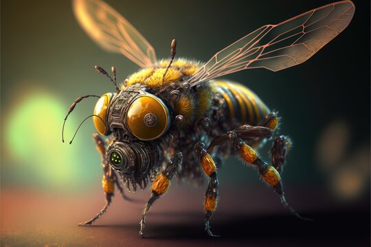 Cyborg bee with mechanical face modification. Full length.
