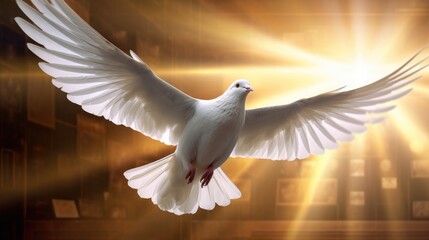 a dove flying towards a beam of celestial light generative ai