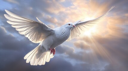 Obraz premium a dove flying towards a beam of celestial light generative ai