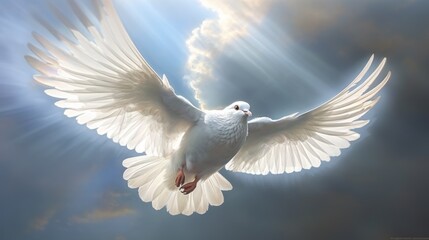 Fototapeta premium a dove flying towards a beam of celestial light generative ai