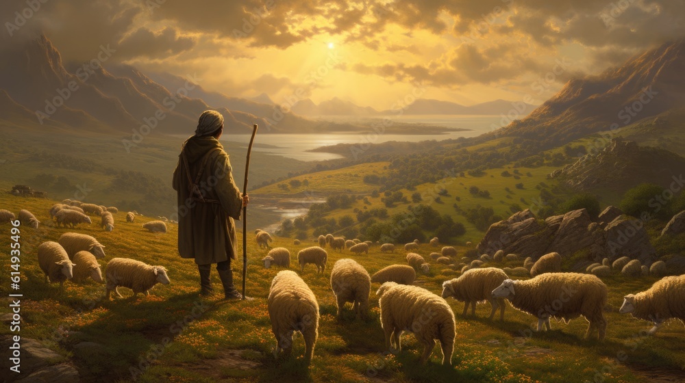 Wall mural a shepherd guiding his flock of sheep generative ai