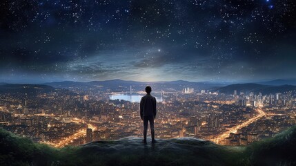 person standing on a hilltop, looking out at a cityscape under a starry sky generative ai