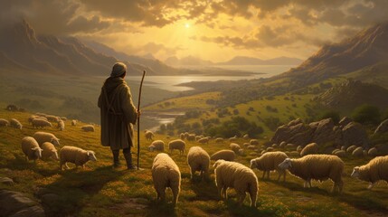 a shepherd guiding his flock of sheep generative ai - obrazy, fototapety, plakaty