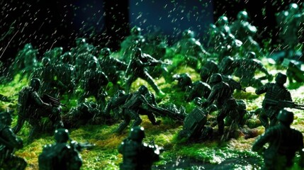green plastic toy soldiers advancing under heavy fire generative ai