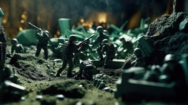 green plastic toy soldiers defending a makeshift fort generative ai