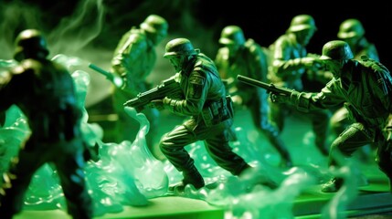 Fototapeta premium green plastic toy soldiers launching an assault generative ai