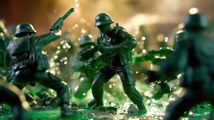 Fototapeta premium green plastic toy soldiers launching an assault generative ai