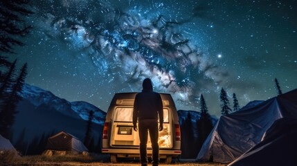 camper gazing at the stars in an alien landscape generative ai - obrazy, fototapety, plakaty