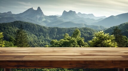 Empty wooden table with mountain views background.