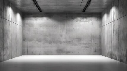 Abstract empty concrete walls room with indirect lit panel back wall and rough floor.