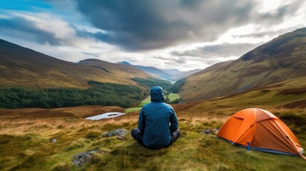 Fototapeta premium person camping in the Scottish Highlands generative ai