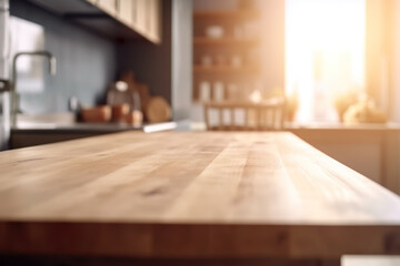 Wooden table with out-of-focus kitchen backdrop