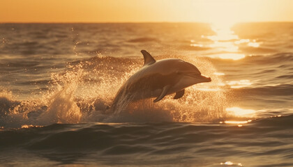 A playful dolphin jumps, spraying water in the back lit sunset generated by AI