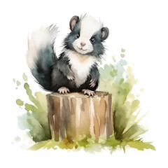 Cute skunk cartoon in watercolor painting style