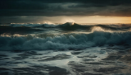 Obraz premium The dramatic sky at dusk creates an awe inspiring seascape generated by AI