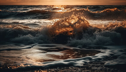 Sunset over the tranquil seascape, waves splashing against rocks generated by AI