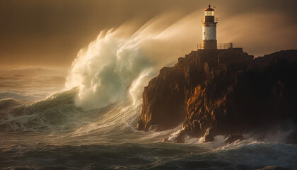 The beacon light guides sailors through dangerous waters at dusk generated by AI