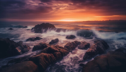 Obraz premium The dramatic sky at dusk reflects on the tranquil waters generated by AI