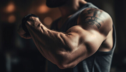 Fototapeta na wymiar Muscular athlete flexes bicep in gym, embodying masculinity and determination generated by AI