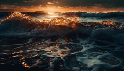 Naklejka premium Sunset over the seascape, waves crashing on rocks, dramatic beauty generated by AI