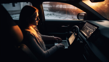 One woman driving car, typing on laptop, using wireless technology generated by AI