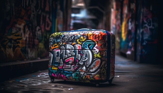 Abandoned suitcase covered in graffiti tells a colorful travel story generated by AI