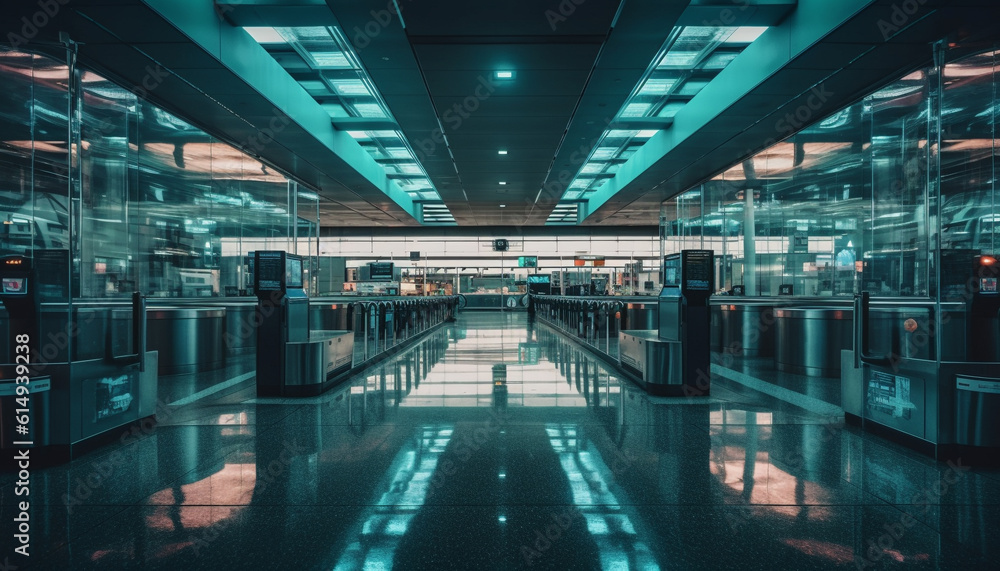 Poster empty subway station reflects modern architecture in futuristic vanishing point generated by ai