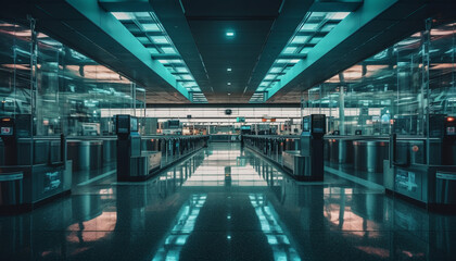 Obraz premium Empty subway station reflects modern architecture in futuristic vanishing point generated by AI