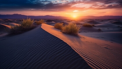 Sunset over majestic mountain range, striped sand dunes ripple pattern generated by AI