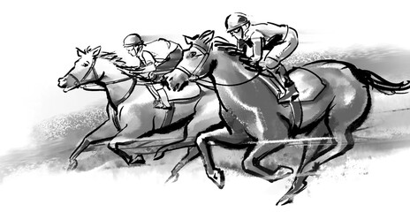 走る競走馬-モノクロ