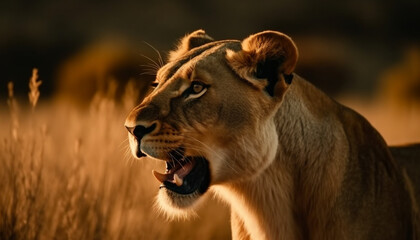 Fototapeta na wymiar Majestic lion roaring at sunset, teeth bared in aggression generated by AI
