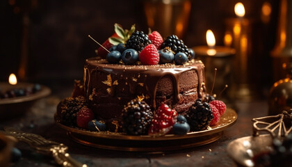 Fototapeta na wymiar A decadent chocolate cheesecake with fresh berry decoration and candle flame generated by AI