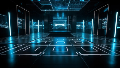 In a futuristic corridor, glowing blue network servers illuminate the empty room generated by AI