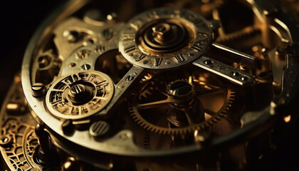 Antique pocket watch disassembling reveals intricate clockworks and metal parts generated by AI