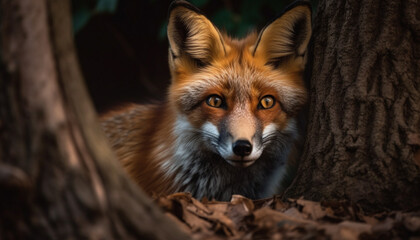 Fototapeta premium Red fox, a cute mammal, looking at camera in wilderness generated by AI