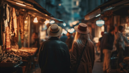 Obraz premium A young couple walking together at night in the city generated by AI