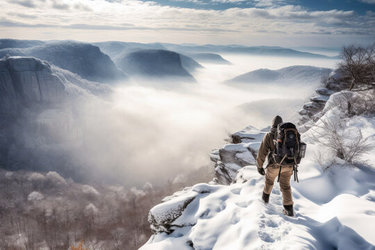 A hiker on top of a cliff covered in snow