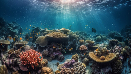 Diving into the deep blue, discovering a multi colored reef colony generated by AI