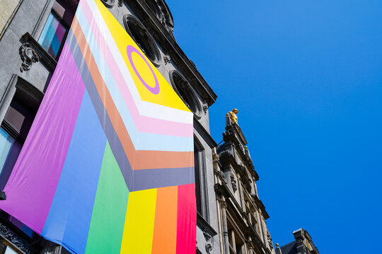 LGTBIQ giant flag in a building