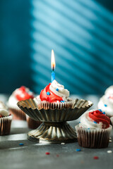 Independence Day Fourth of July USA American patriotic party with american symbols. Cupcakes dessert decorated cream cheese or buttercream.