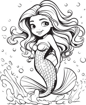 A cute baby mermaid princess coloring illustration for toddler